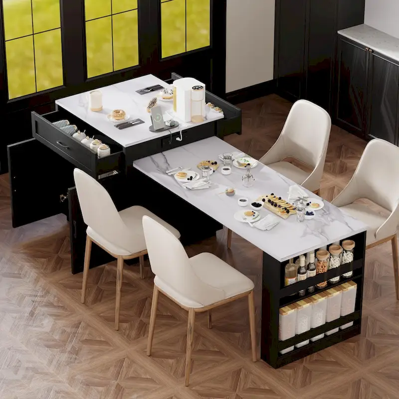 Faux Marble Kitchen Island with Extendable Dining Table, Power Outlet, Kitchen island with Storage 2 Drawers 2 Side Open Shelves