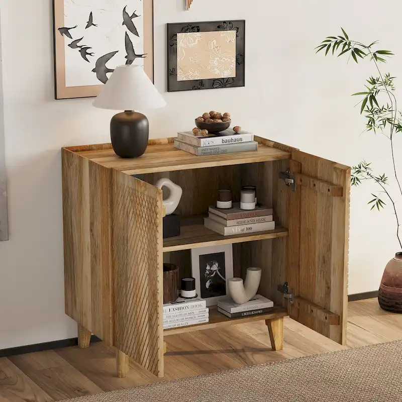 Honey 2-Door Fluted Mango Wood Accent Cabinet with Adjustable Shelf