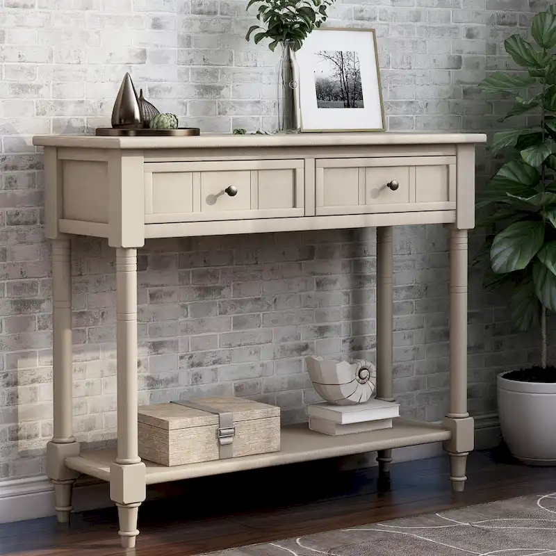 Pine Console Table with 2 Drawers & Bottom Shelf, Vintage Traditional, 35.43