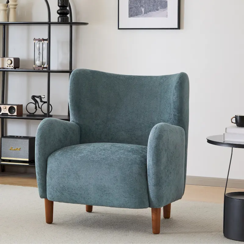 Wingback Club Chair, Mid-Century, Plush Velvet, Solid Wood & Birch Legs, Seats 1, Blue/Brown