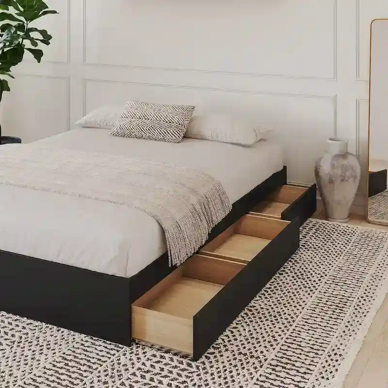 Nexera Bed Frame with 3-Drawer Storage, Reversible, Black