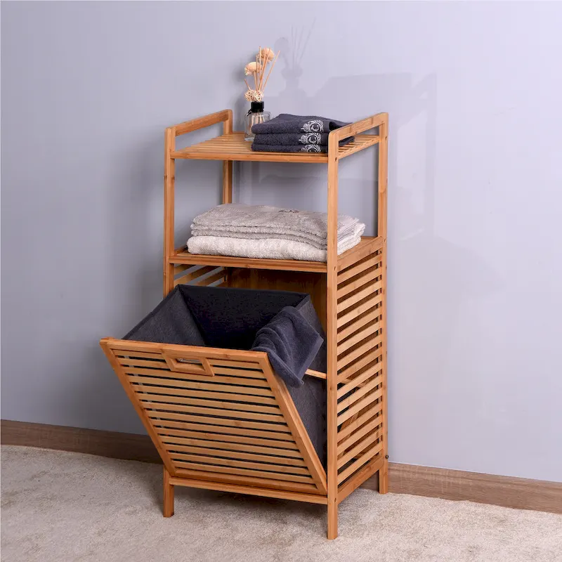 Brown Bamboo Bathroom Laundry Storage Floor Cabinet with 2-tier Shelf - 17.32 x 13 x 37.8 inch