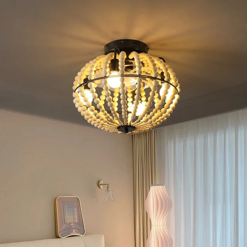 Bohemian Wood Beaded Fulsh Mount Ceiling Fans Remote control for Living Room