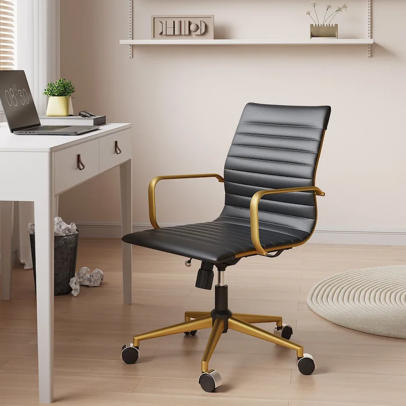 Ribbed Leatherite Office Chair with Chrome Frame, L-Shaped Arms and Swivel Base – Grey / White / Terracotta / Green / Brown / Black / Navy Blue / Gold & Navy Blue / Gold & Black / Gold & White, for 1 Person