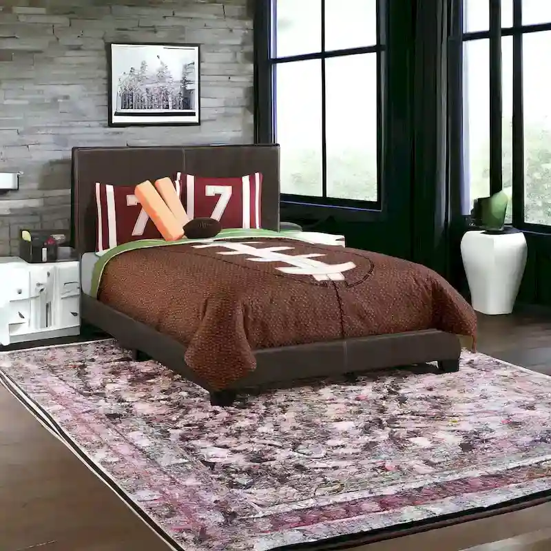 HomeRoots Brown Solid and Manufactured Wood Full Upholstered Faux Leather Bed Frame
