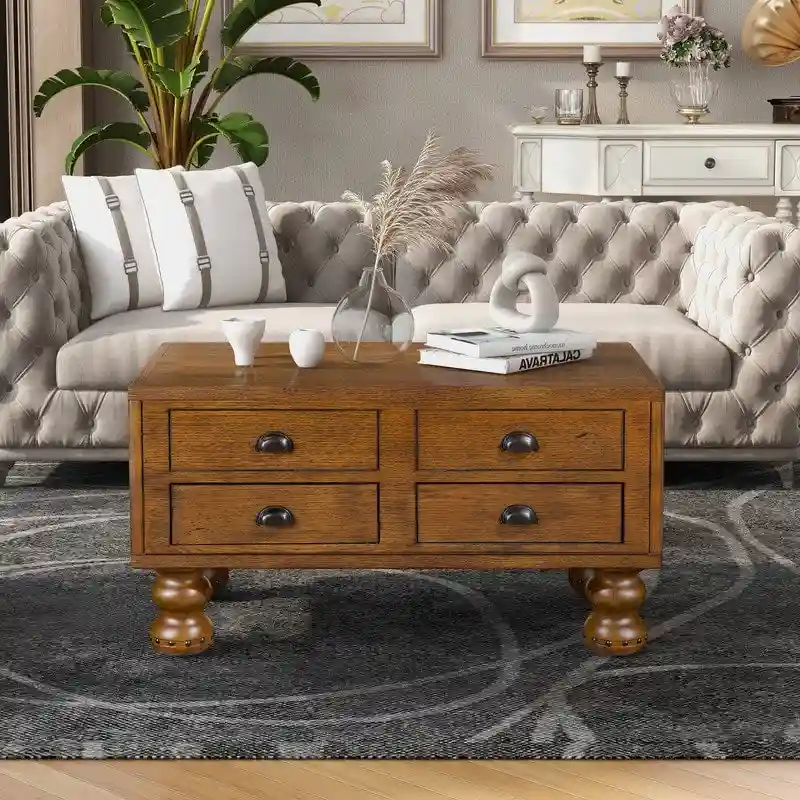 Rectangle Coffee Table, 4 Drawers, Pine Wood & MDF, Oak Veneer, Gourd Legs, 40