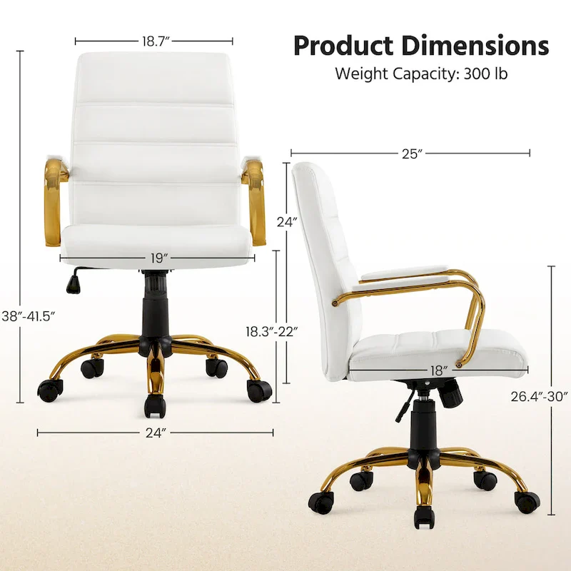 White Mid-Back PU Leather Office Chair with Gold Chrome Frame and Tilt Lock – Single User
