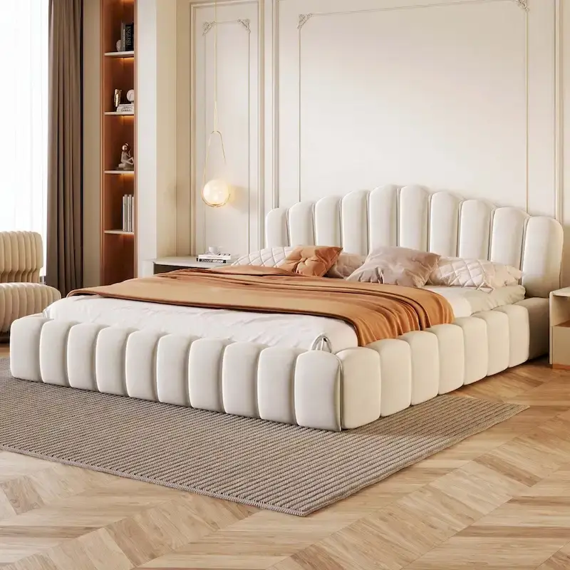 Velvet Upholstered Queen Bed Frame Shell-Shaped Headboard for Bedroom