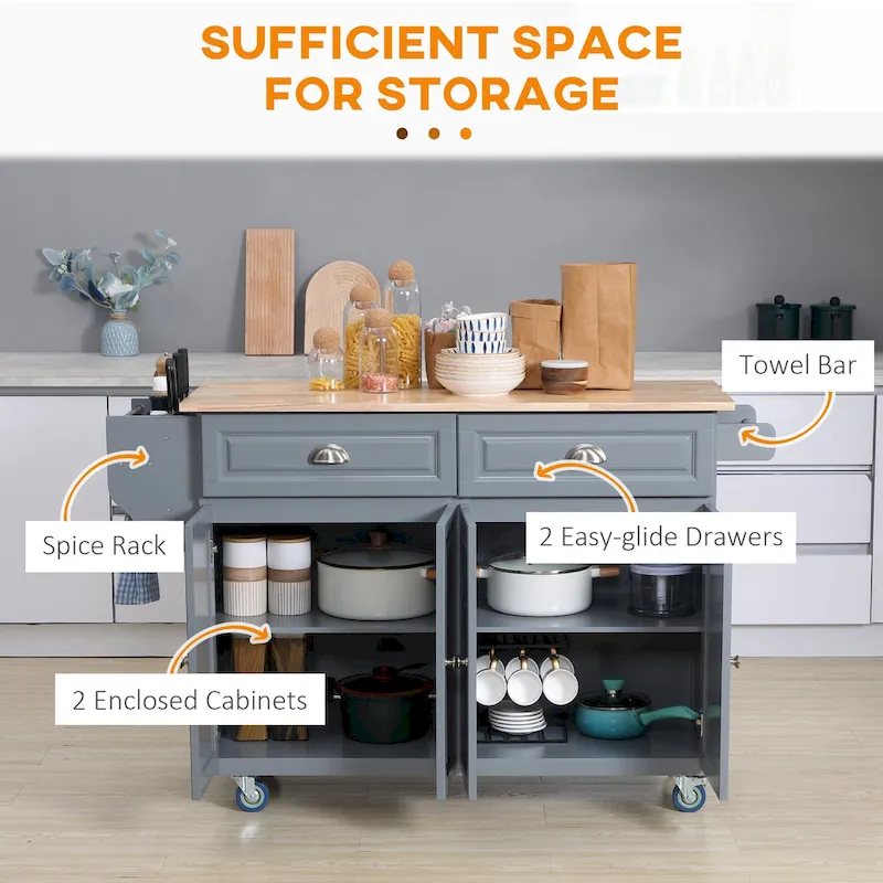 Rolling Kitchen Island, Drop-Leaf, Rubberwood Top, 2 Drawers & 2 Cabinets, 4 Wheels, 57.5