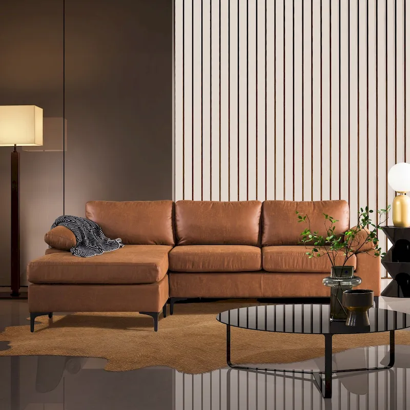 Reversible Chaise Sofa, Suede Fabric, Metal Legs, Spring Coils, Light Brown/Brown/Grey/Blue/Beige