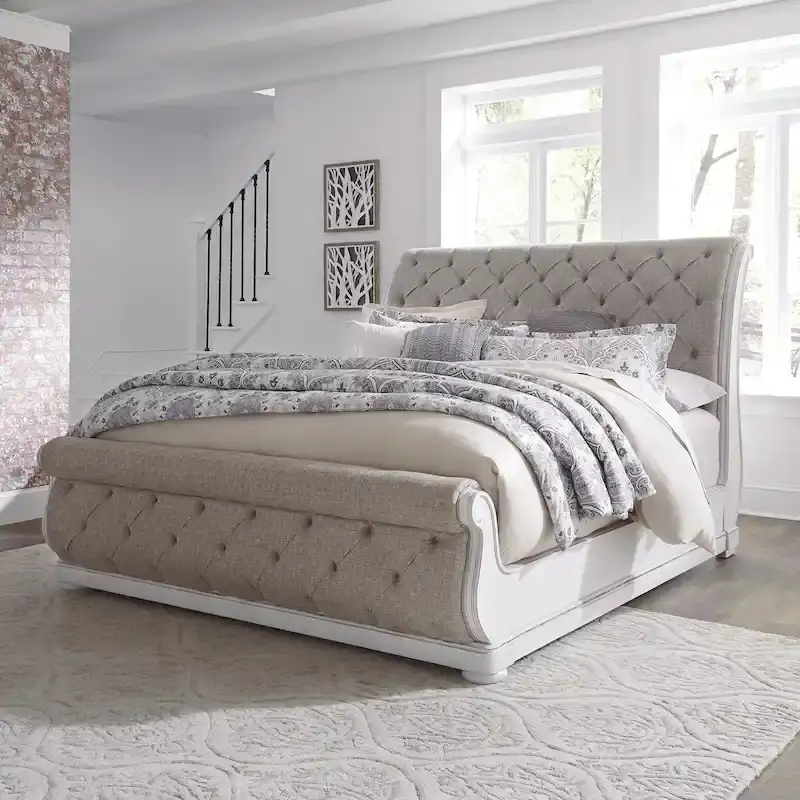 Magnolia Manor Antique White Weathered Bark King California Upholstered Sleigh Bed