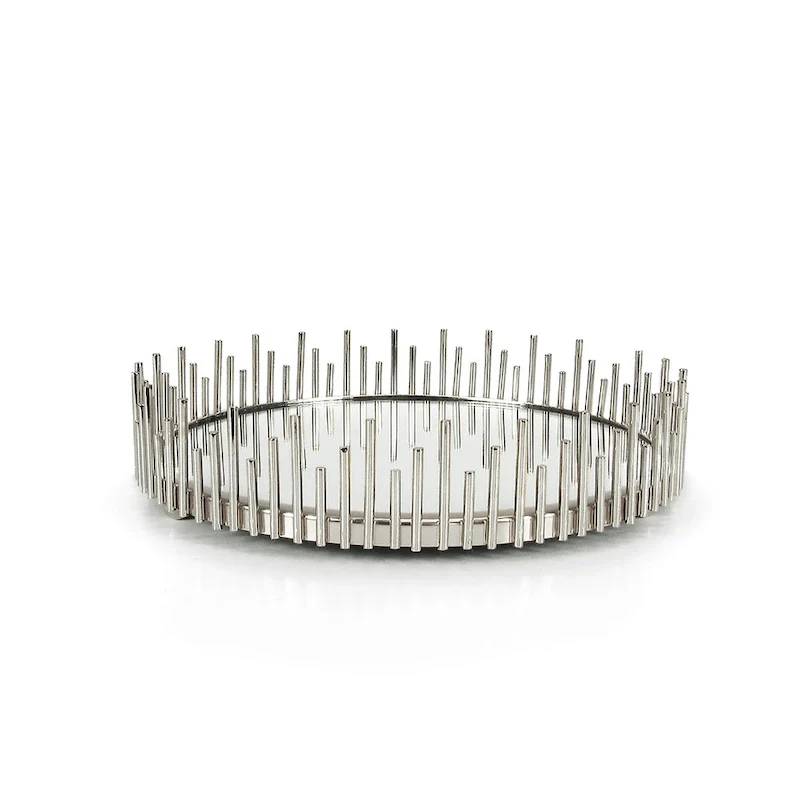Silver Sunburst Round Metal Mirror Decorative Tray Serving Platter