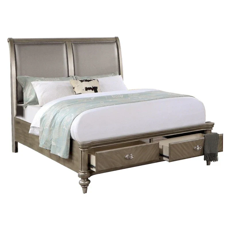 Ella Modern California King Storage Bed, Faux Leather Upholstery, Gold