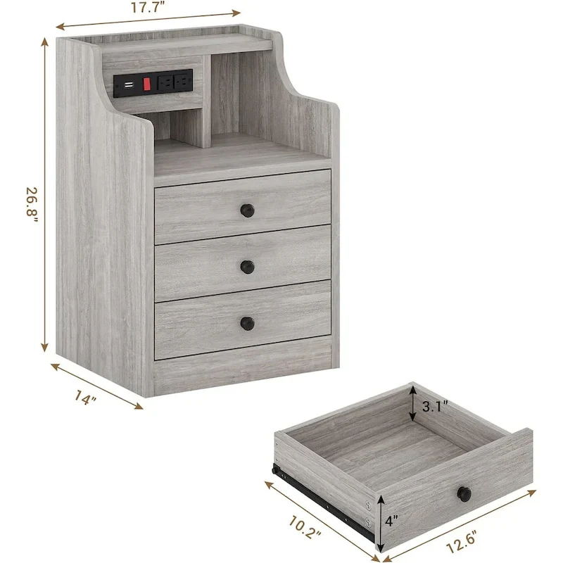 3-Drawer Nightstand with Built-in Charging Station and Open Shelf – White / Pink / Grey / Black, for 1 Person