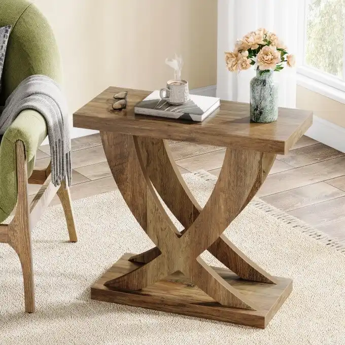 Farmhouse End Table, Narrow Side Table with Fishtail Support Design for Living Room, Study, Brown