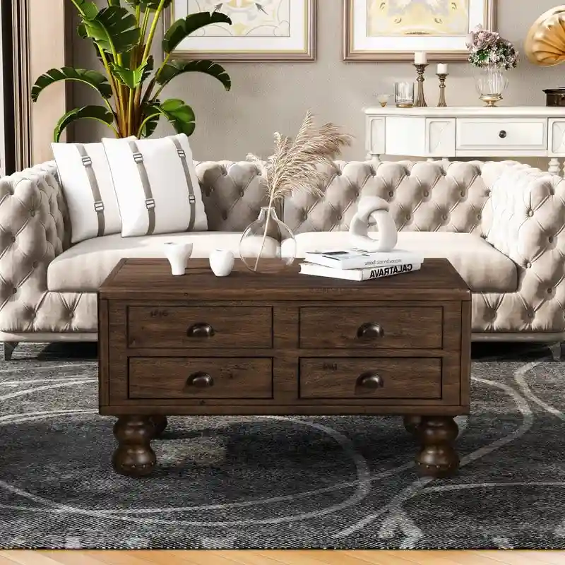 Rectangle Coffee Table, 4 Drawers, Pine Wood & MDF, Oak Veneer, Gourd Legs, 40