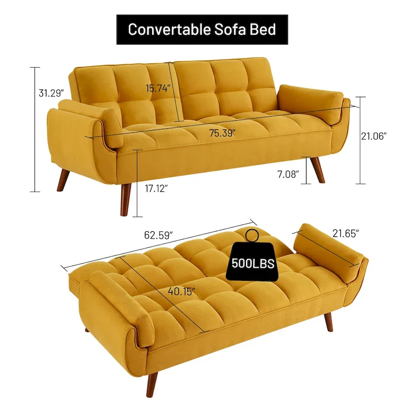 Convertible Futon Sofa Bed, Tufted Linen, Wood Legs, 3-Position Backrest, 500 lbs, Seats 2, Beige/Grey/Green/Yellow