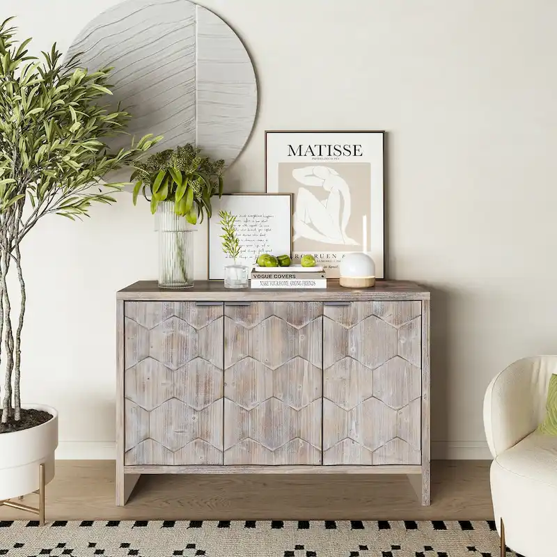 Natural 3-Door Fluted Wood Sideboard Cabinet with 2-Tier Storage