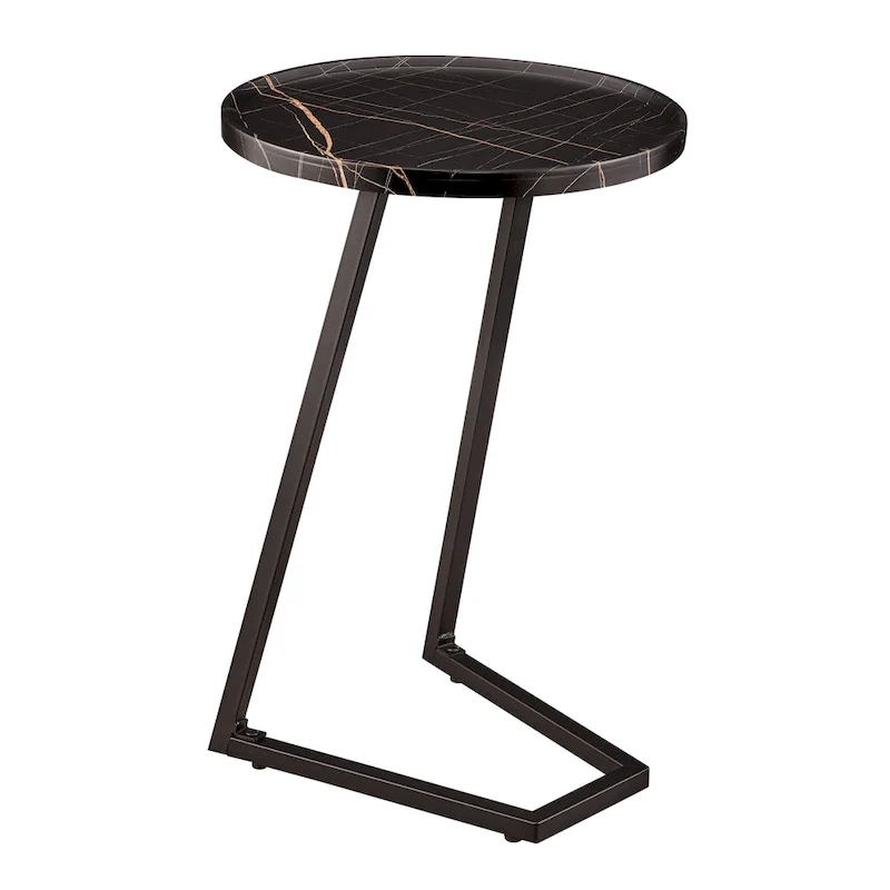 Addison Round Raised Lip Edge Angled Couch-Side Accent C-Table - Black Marble or Brown Walnut