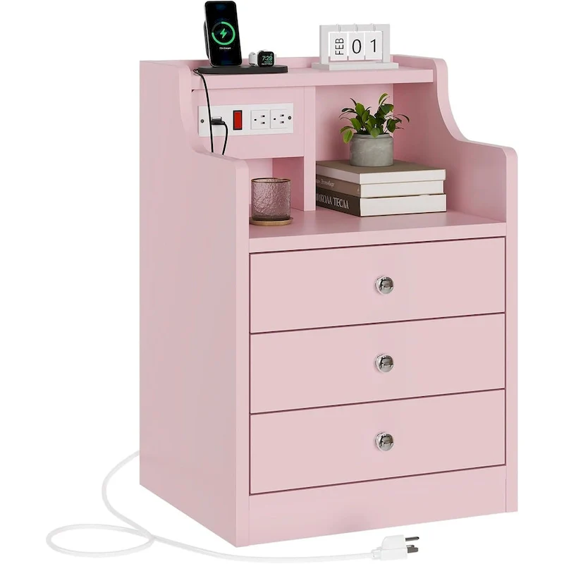 3-Drawer Nightstand with Built-in Charging Station and Open Shelf – White / Pink / Grey / Black, for 1 Person
