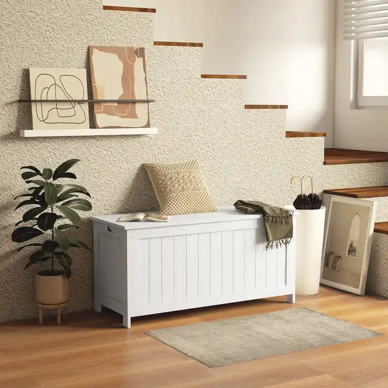 HOMCOM Storage Chest, Wooden Box with 2 Safety Hinges and Cut-out Handles, Modern Storage Trunk for Living Room, Entryway