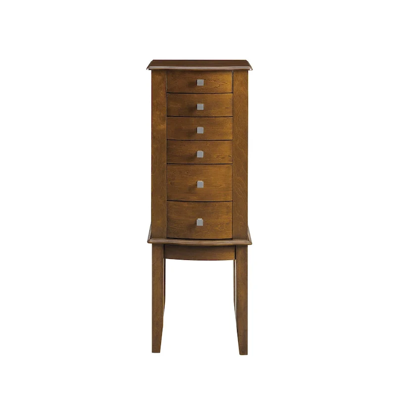 Brown Walnut Jewelry Armoire with 6 Drawers, Flip-Top Mirror & Side Hooks