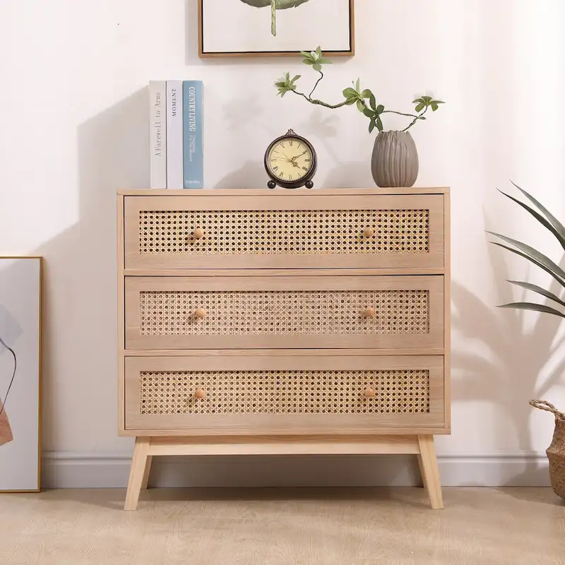 Natural & Black / Wood & Rattan 3-Drawer Storage Cabinet with Rattan Front Panels