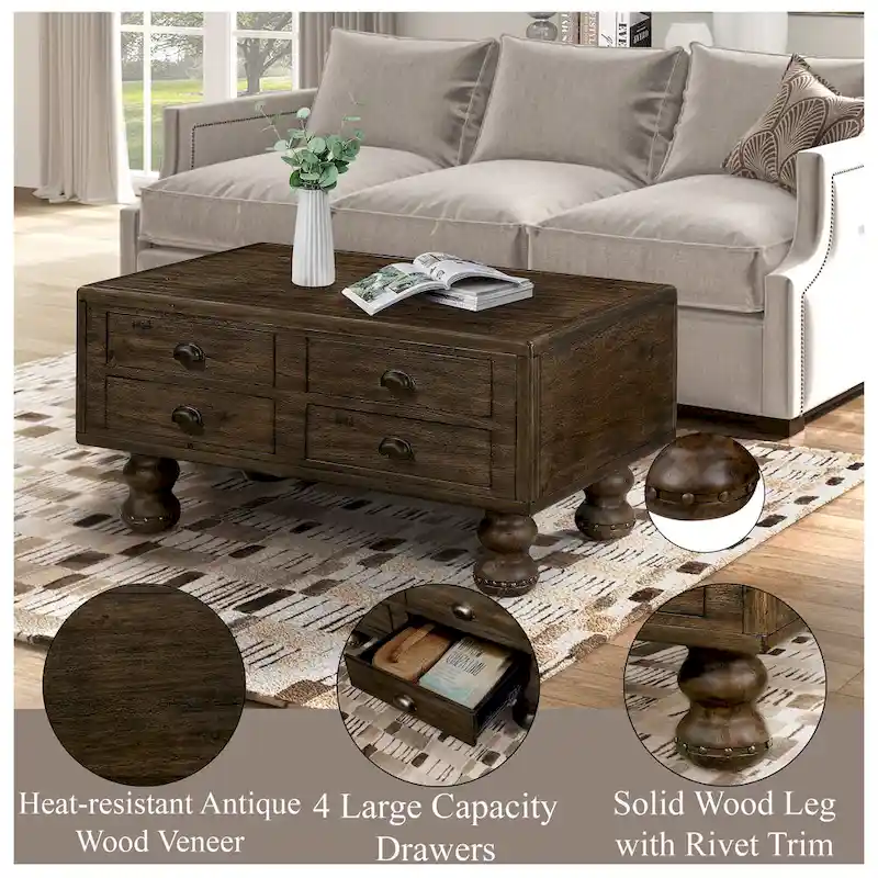 Rectangle Coffee Table, 4 Drawers, Pine Wood & MDF, Oak Veneer, Gourd Legs, 40