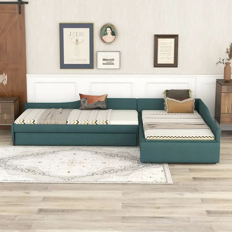 Linen Upholstered Double Twin Daybed with Pull-Out Trundle, Drawer and Casters – Green / Gray, for 1–3 People