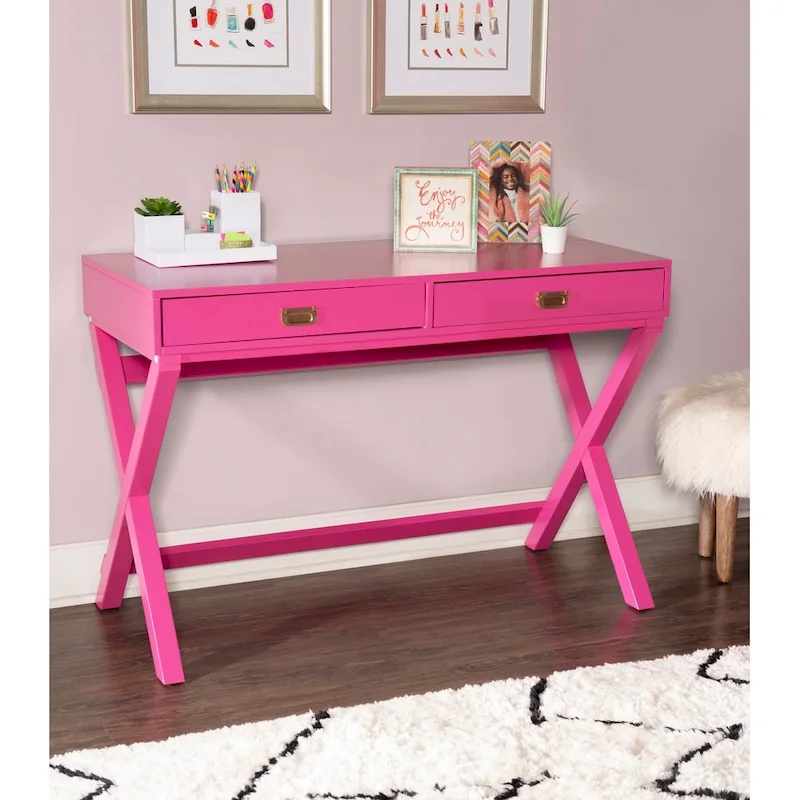 Pink / Light Pink Rectangular Writing Desk with 2 Drawers and X-Frame Legs – Single User