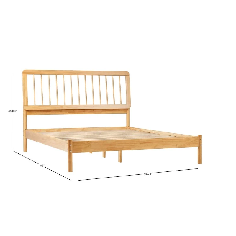 Queen Solid Wood Spindle Bed Frame with Pine Legs – Caramel / Natural Pine / Black, for 1–2 People
