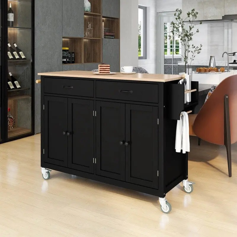 Solid Wood Top Kitchen Island Cart with Locking Wheels,2 Drawers,Towel Rack