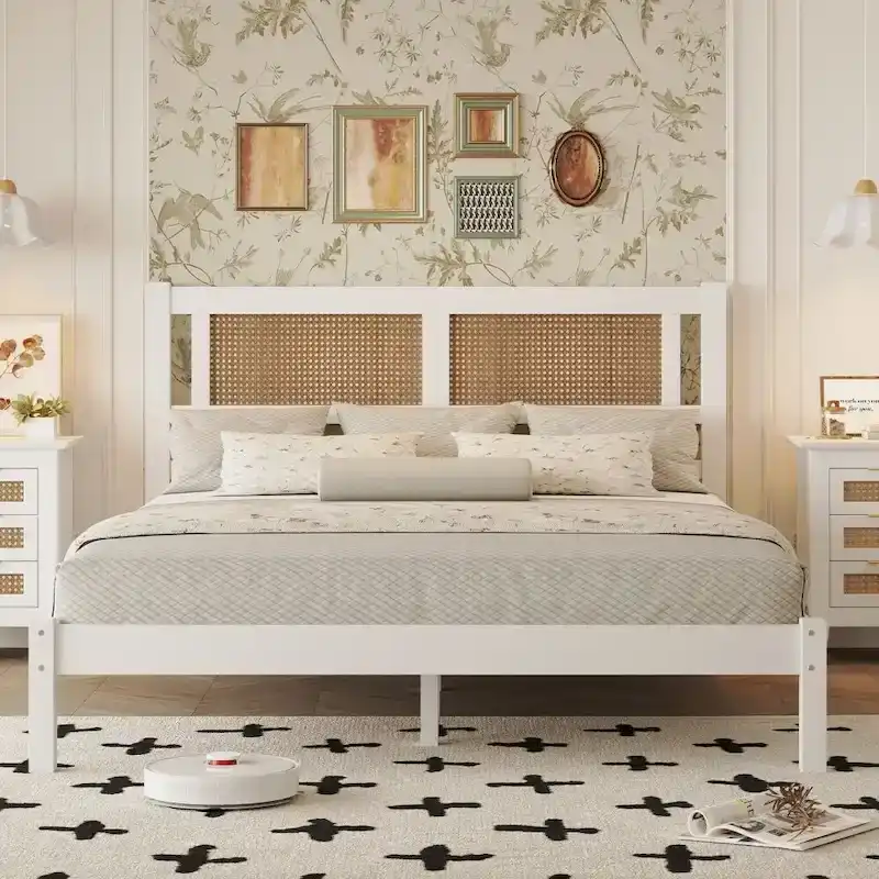 Queen Size Wood Platform Bed with Natural Rattan Headboard,Exquisite Elegance with Minimalist Charm