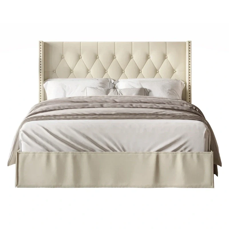 Tufted Upholstered Panel Bed, Wingback Headboard, Nailhead Trim, Seats 2, Grey/Black/Beige/Denim Blue, Twin/Full/Queen/King