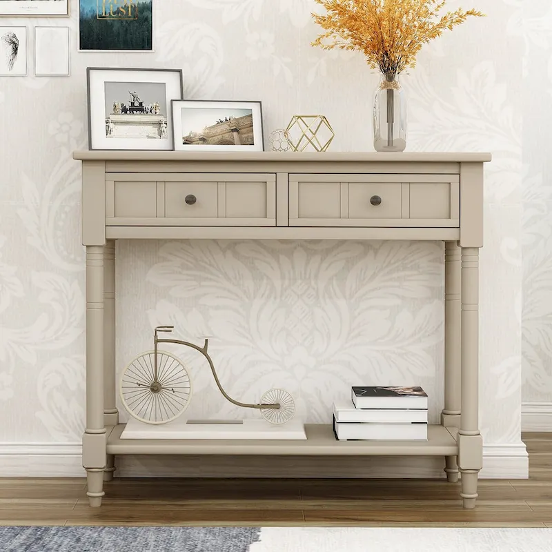 Pine Console Table with 2 Drawers & Bottom Shelf, Vintage Traditional, 35.43