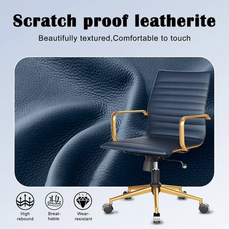 Ribbed Leatherite Office Chair with Chrome Frame, L-Shaped Arms and Swivel Base – Grey / White / Terracotta / Green / Brown / Black / Navy Blue / Gold & Navy Blue / Gold & Black / Gold & White, for 1 Person