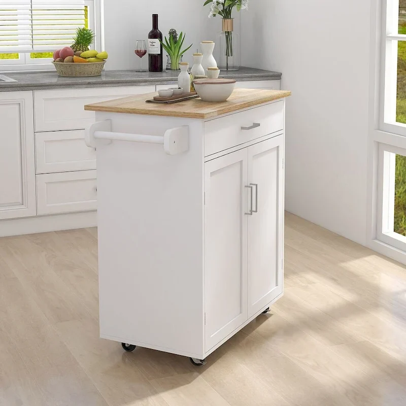 32.87 W Modern Rubberwood Countertop Kitchen Island with Adjustable Shelves and Towel Racks