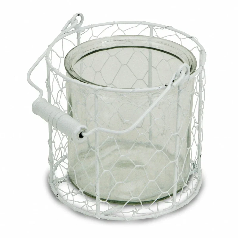 HomeRoots 5.25 White and Clear Wire Basket and Glass Jar - 5.25  H x 5.5  W x 5.5  D
