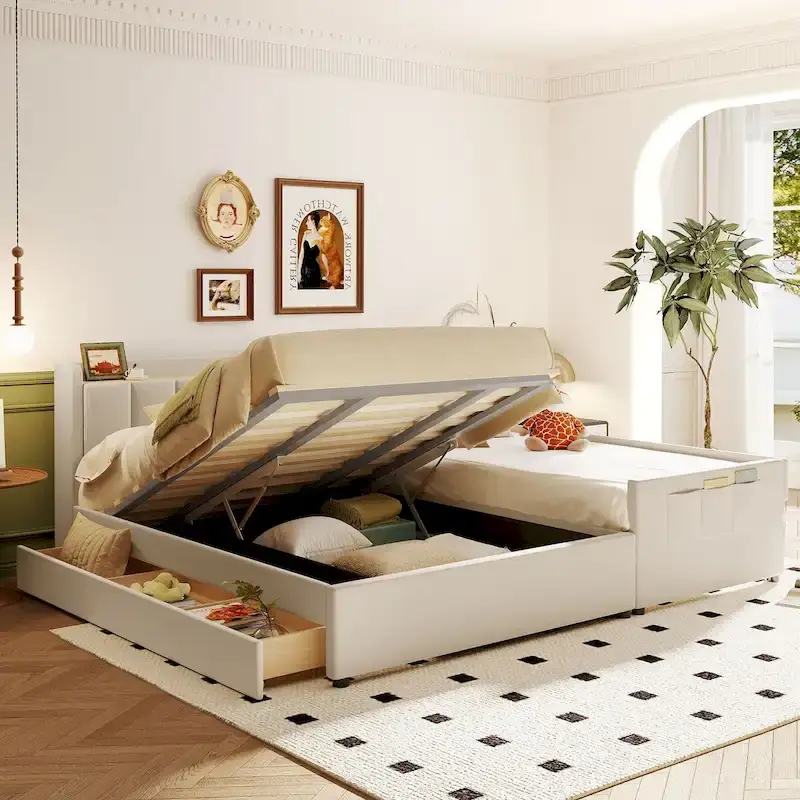Twin XL Size Upholstered Platform Bed with Hydraulic Storage System