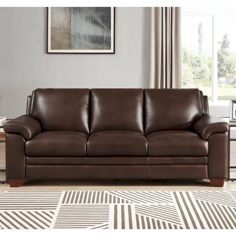 Top Grain Leather Sofa, Kiln-Dried Wood Frame, Pocketed Coils, Chestnut, Seats 3, 84