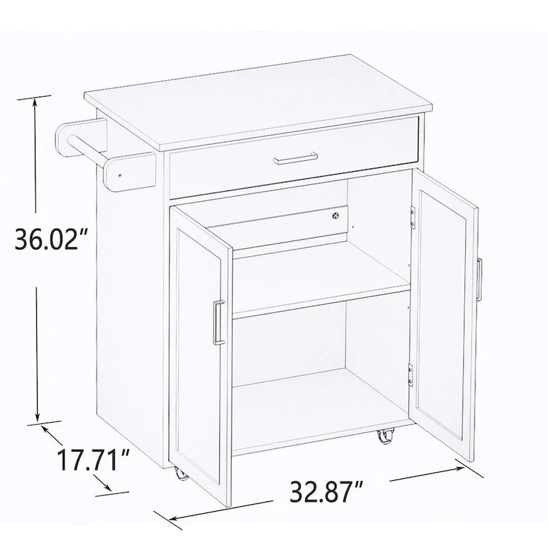 32.87 W Modern Rubberwood Countertop Kitchen Island with Adjustable Shelves and Towel Racks