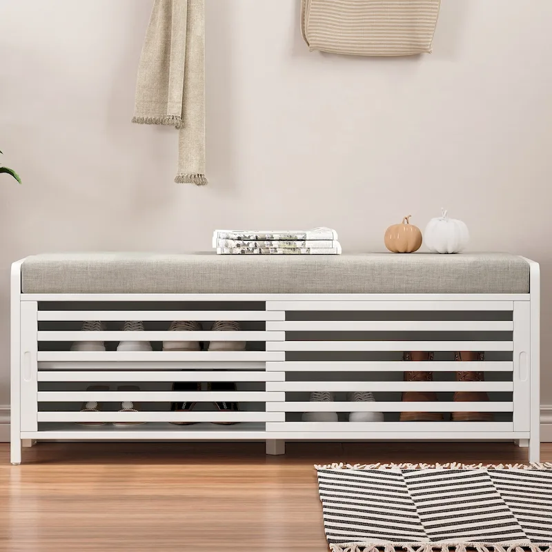 Shutter Storage Bench with Cushion & Sliding Door, MDF, 41.5