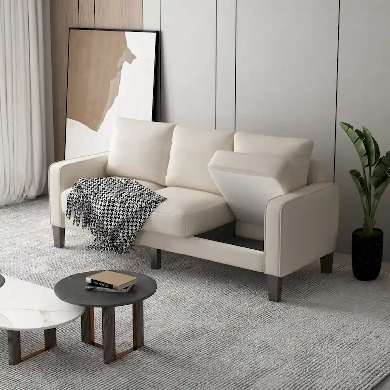 Beige Fabric Sofa with Square Arm and Tufted Back