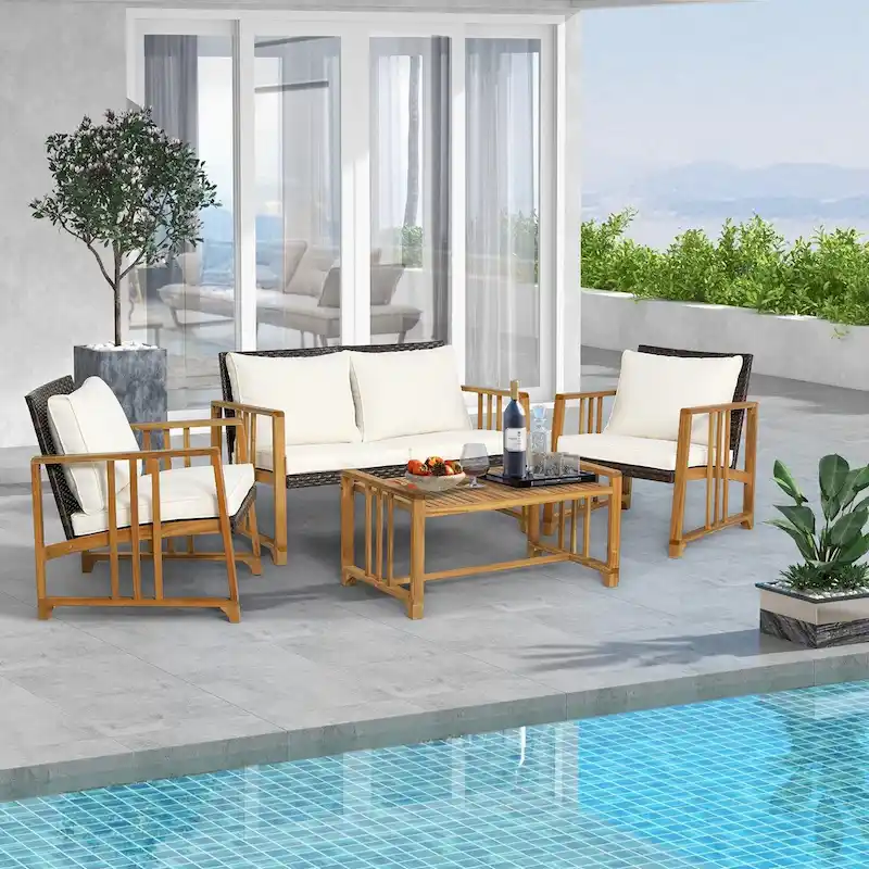 Costway 4PCS Patio Mix Brown Wicker Sofa Set Acacia Wood Frame with - See Details
