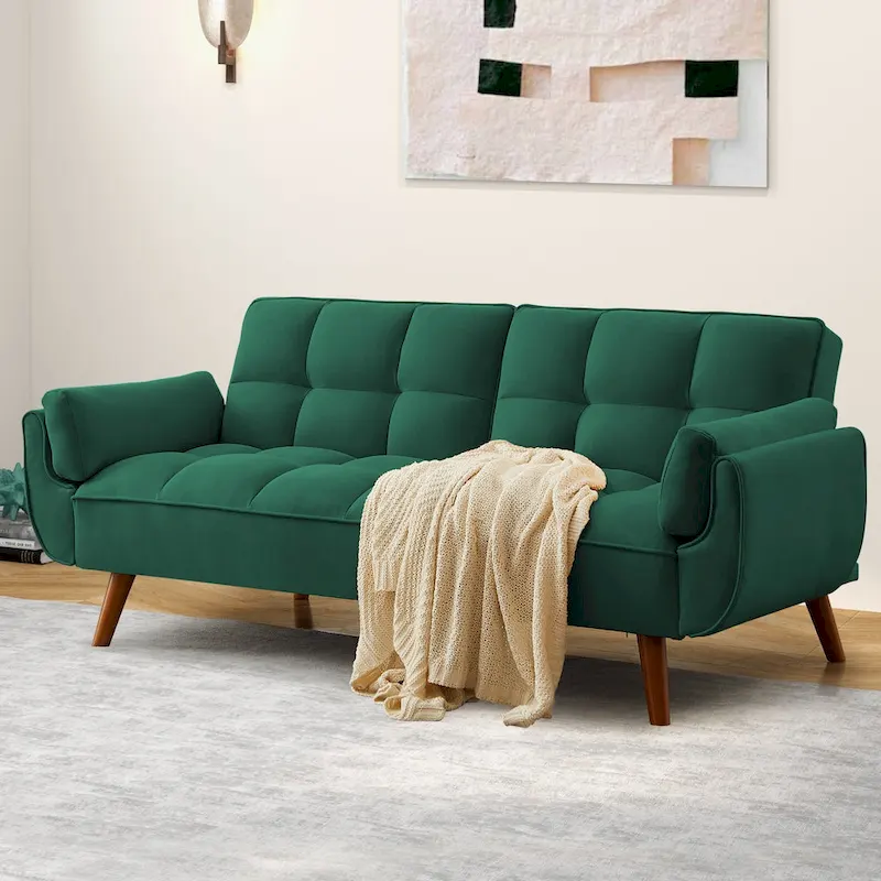 Convertible Futon Sofa Bed, Tufted Linen, Wood Legs, 3-Position Backrest, 500 lbs, Seats 2, Beige/Grey/Green/Yellow