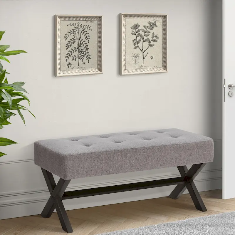 Upholstered Entryway Bench, Polyester, X-Shaped Wood Legs, 35.4
