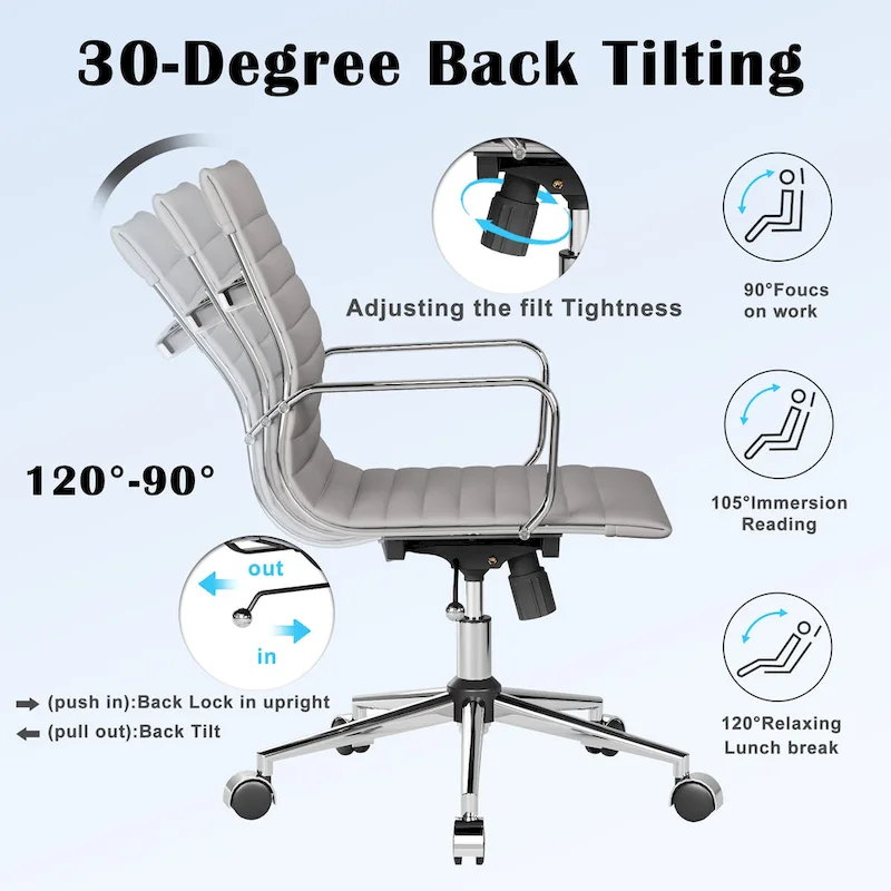 Ribbed Leatherite Office Chair with Chrome Frame, L-Shaped Arms and Swivel Base – Grey / White / Terracotta / Green / Brown / Black / Navy Blue / Gold & Navy Blue / Gold & Black / Gold & White, for 1 Person