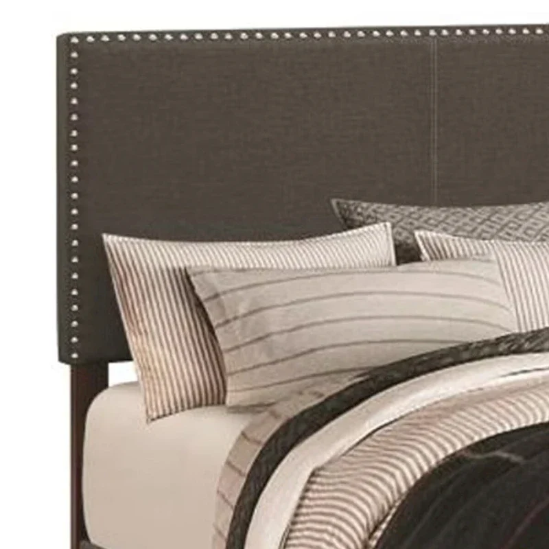 Fabric Upholstered Queen Size Platform Bed with Nail Head Trim, Charcoal Gray