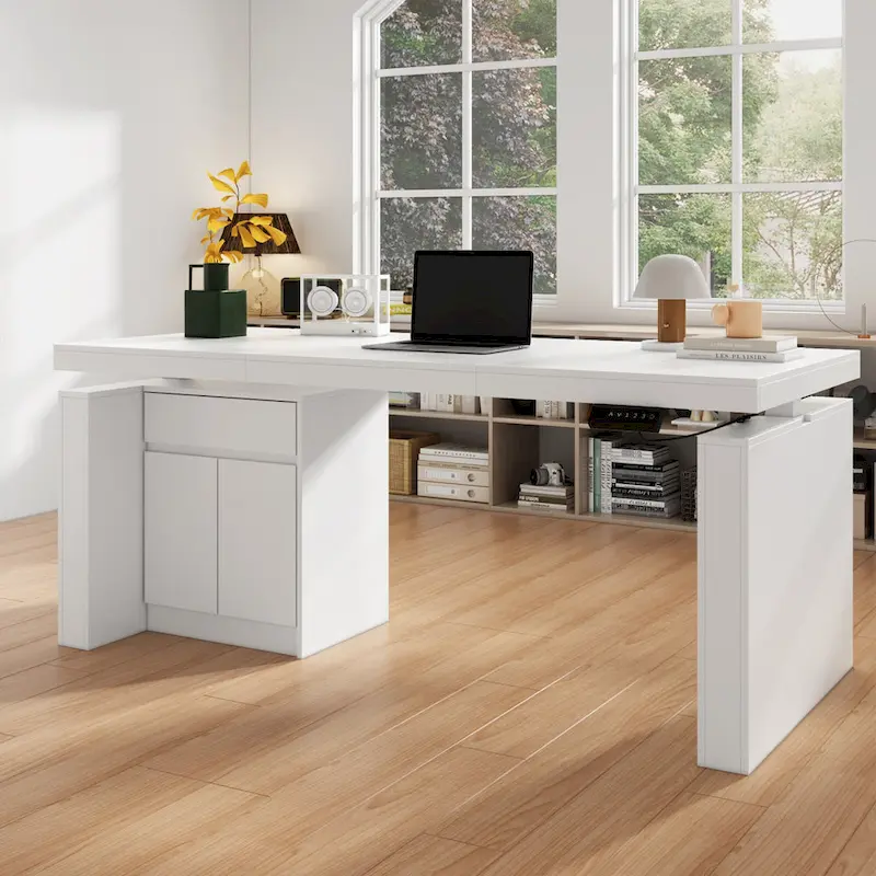 White Electric Height-Adjustable Desk with Side Storage Cabinet – Single User