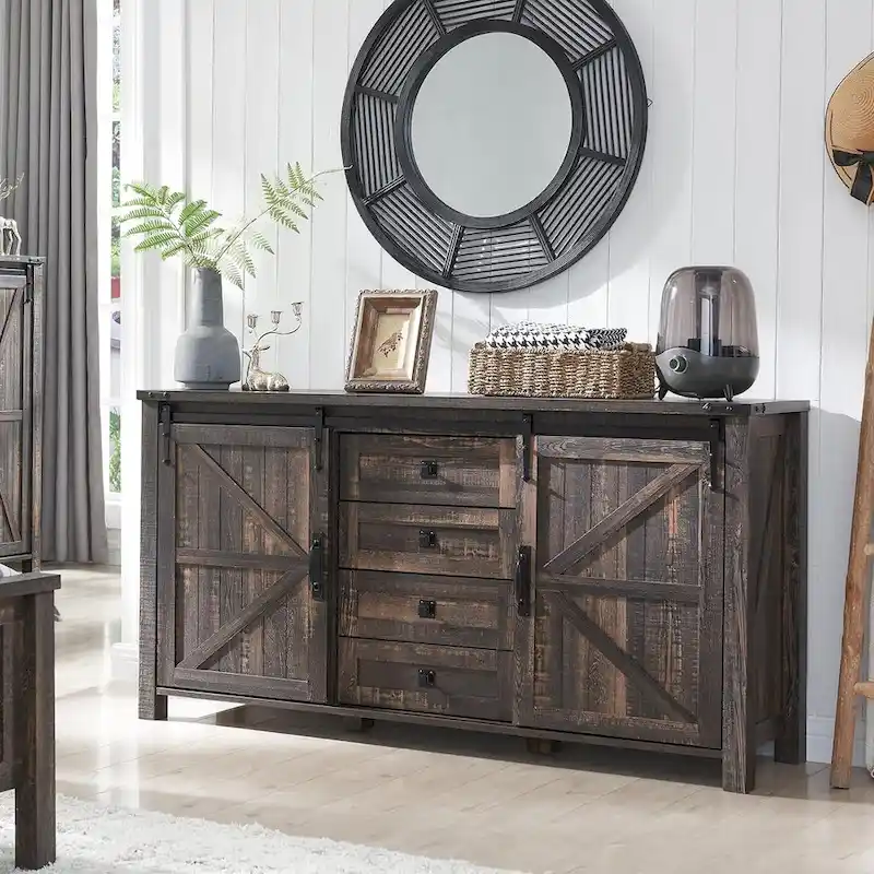 Farmhouse Dresser with 4 Drawers & 2 Sliding Cabinets, Dark Rustic Oak/Antique White/Barnwood
